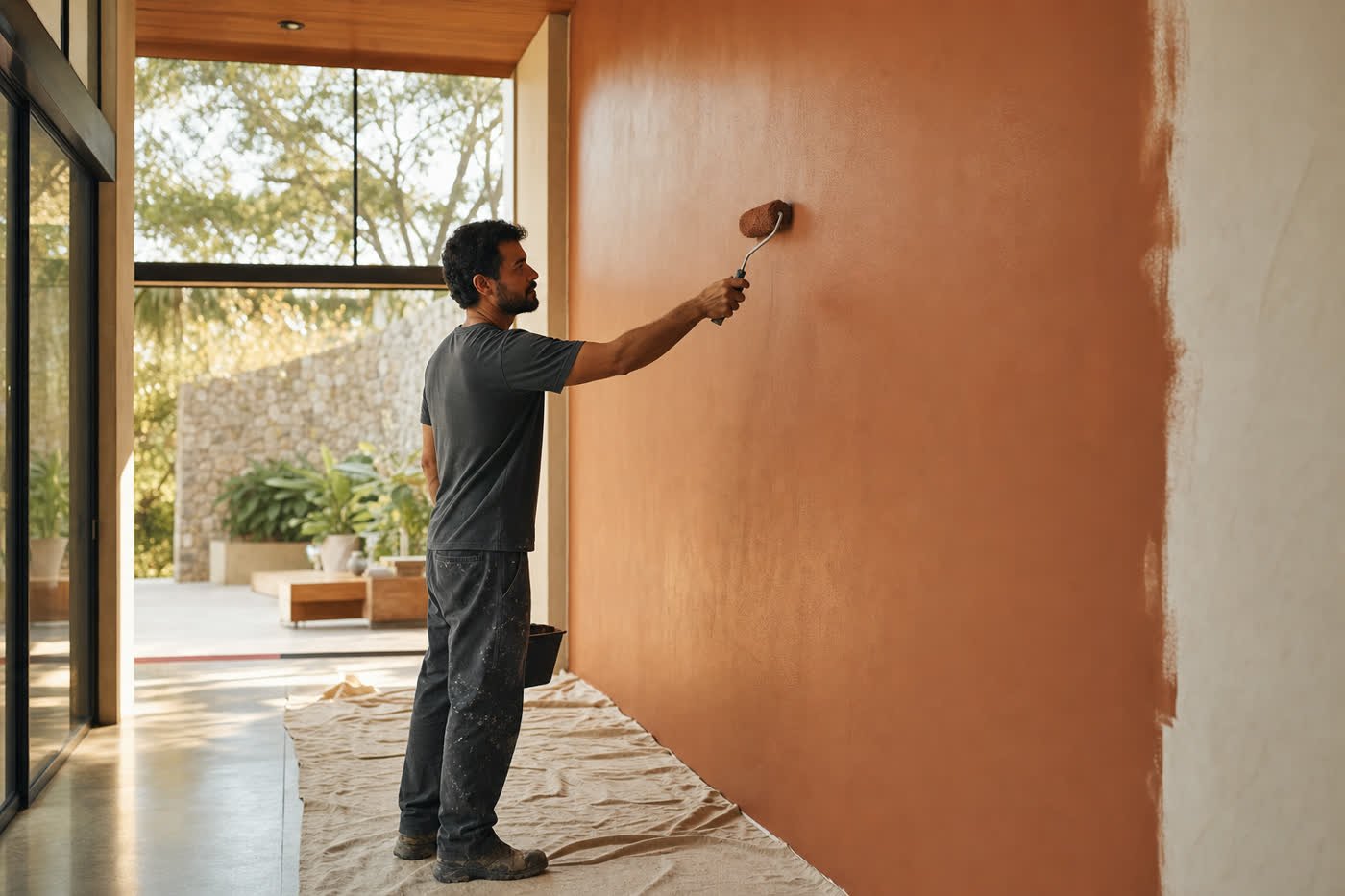 Profissional da Prime Pinturas e Revestimento aplicando pintura terracota em parede residencial com rolo, luz natural