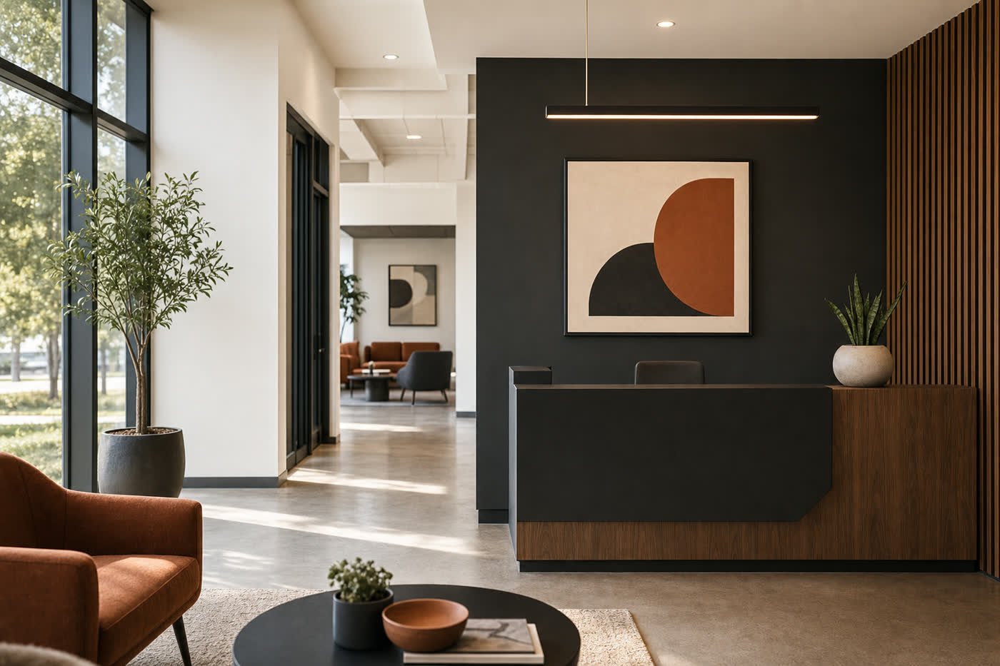 Recepção comercial moderna com parede escura e detalhes em terracota