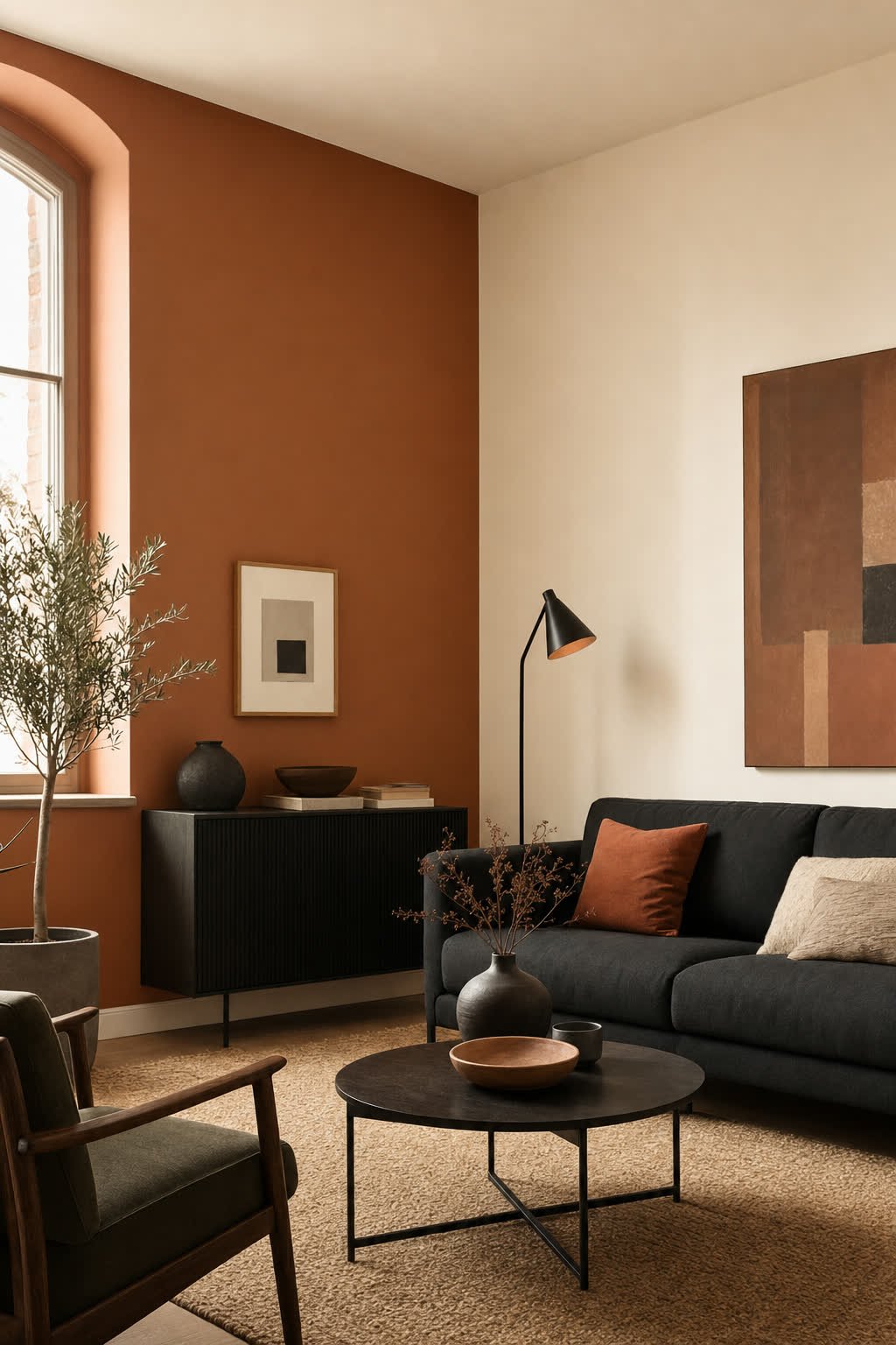 Sala de estar residencial com parede pintada em terracota e branco quente